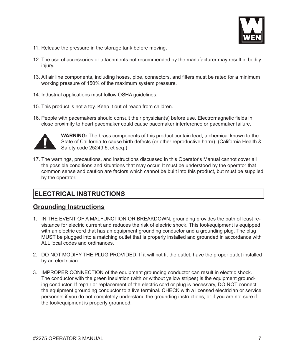 Grounding instructions, Electrical instructions | WEN 2275 5 Gallon Pancake Air Compressor User Manual | Page 7 / 19