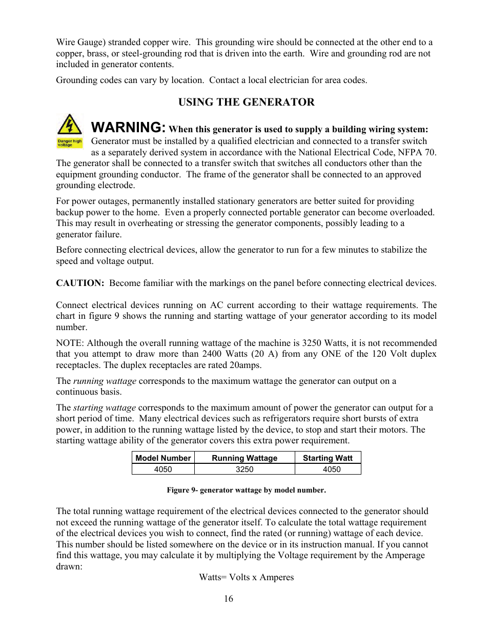 Warning | WEN 56405 Power Pro 4050 Watt User Manual | Page 20 / 40