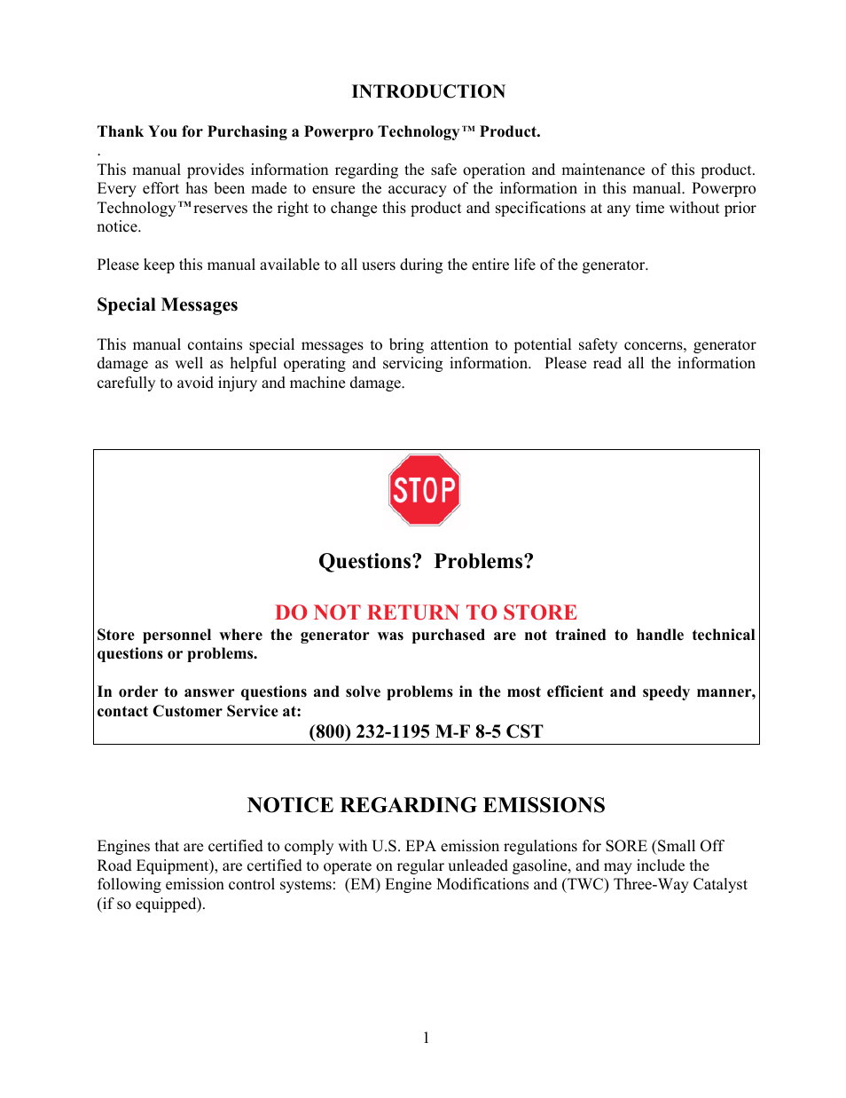 Questions? problems? do not return to store, Notice regarding emissions | WEN 56405 Power Pro 4050 Watt User Manual | Page 5 / 40