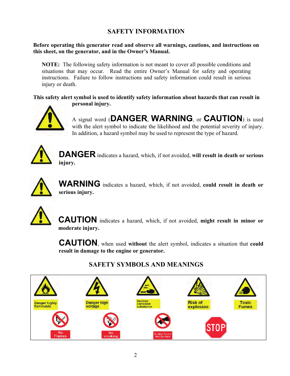 Danger, Warning, Caution | WEN 56405 Power Pro 4050 Watt User Manual | Page 6 / 40