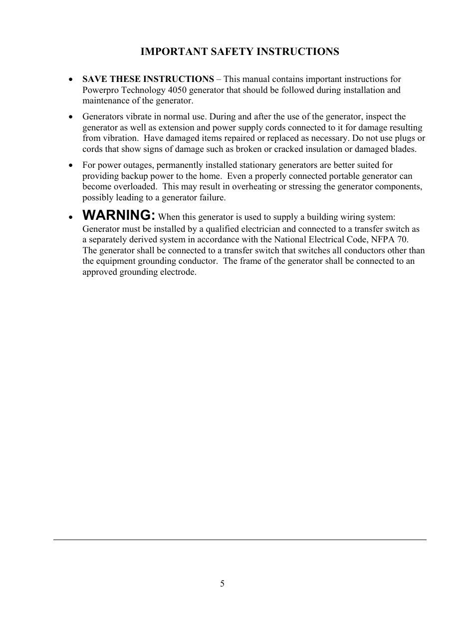 Warning | WEN 56405 Power Pro 4050 Watt User Manual | Page 9 / 40