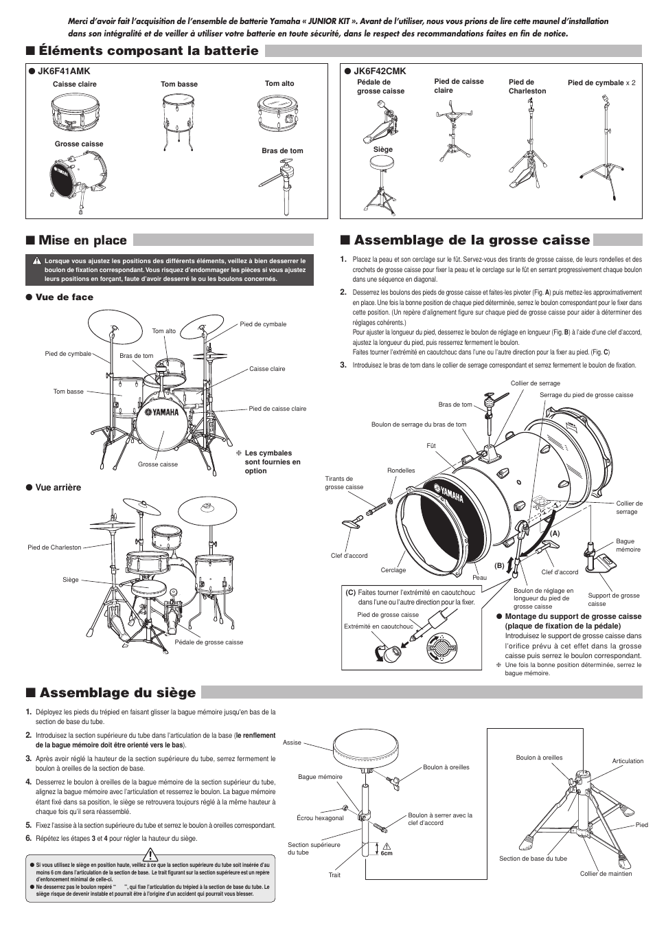 Assemblage du siège, Assemblage de la grosse caisse, Éléments composant la batterie ■ mise en place | Yamaha Junior Kit User Manual | Page 3 / 8