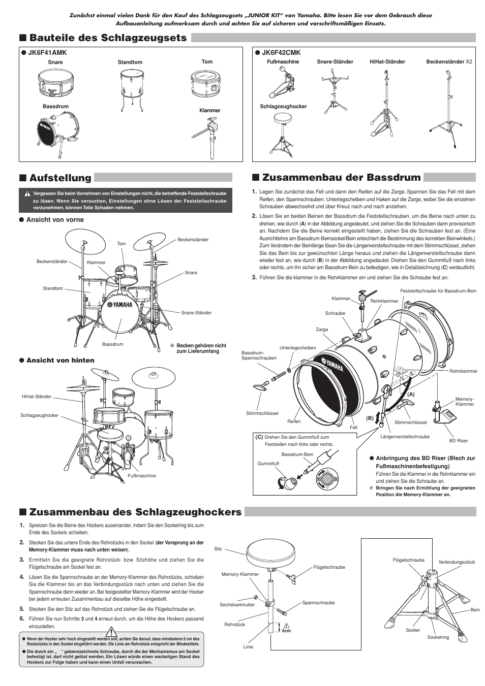 Zusammenbau des schlagzeughockers, Bauteile des schlagzeugsets ■ aufstellung, Zusammenbau der bassdrum | Yamaha Junior Kit User Manual | Page 5 / 8