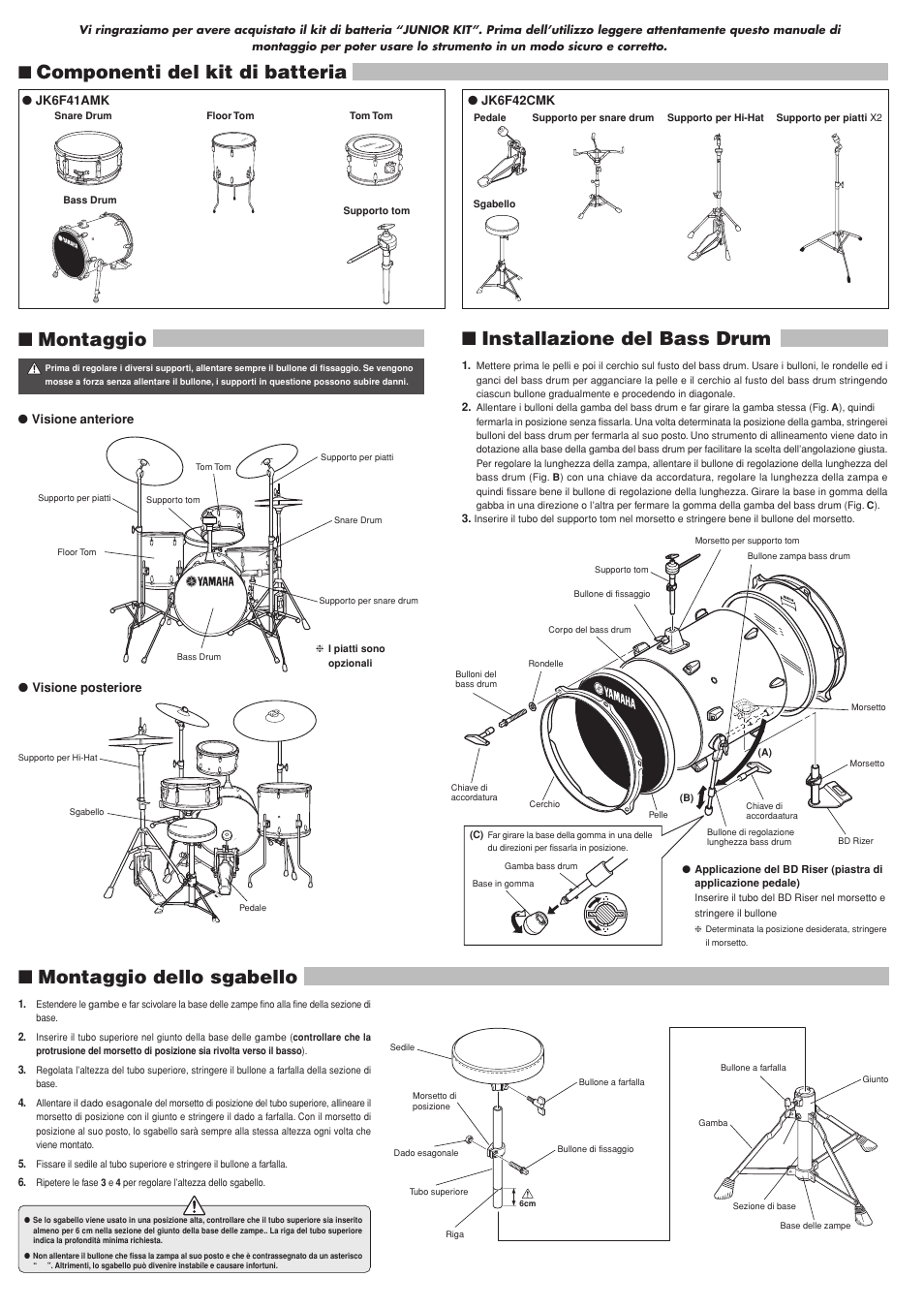 Montaggio dello sgabello, Componenti del kit di batteria ■ montaggio, Installazione del bass drum | Yamaha Junior Kit User Manual | Page 6 / 8