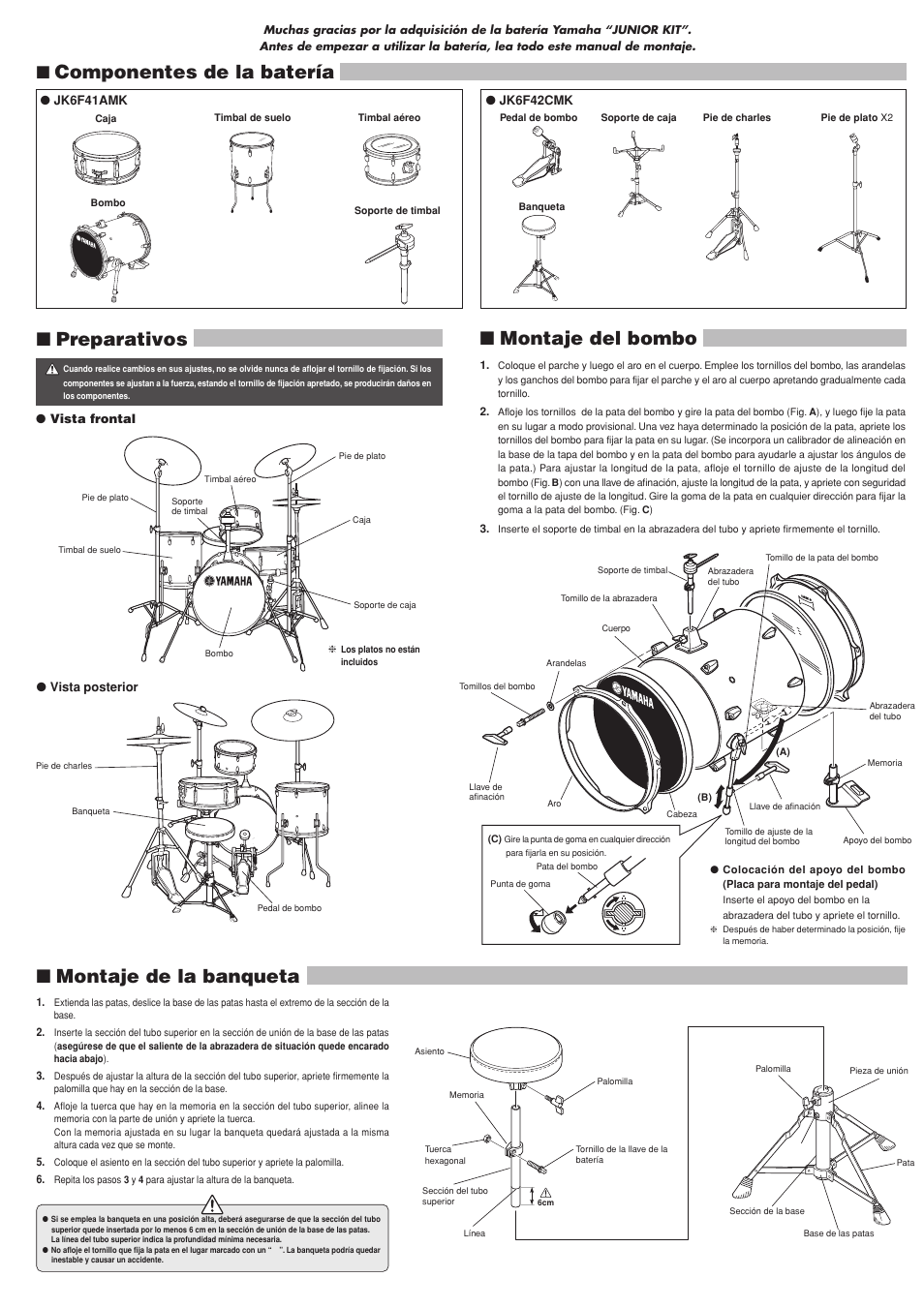 Montaje de la banqueta, Componentes de la batería ■ preparativos, Montaje del bombo | Yamaha Junior Kit User Manual | Page 7 / 8