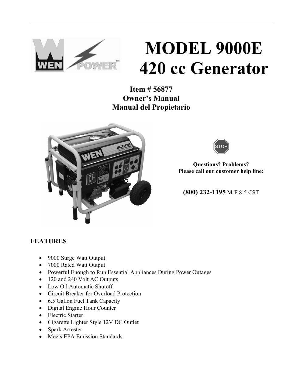 WEN 56877 9000 Watt Electric Start User Manual | 40 pages