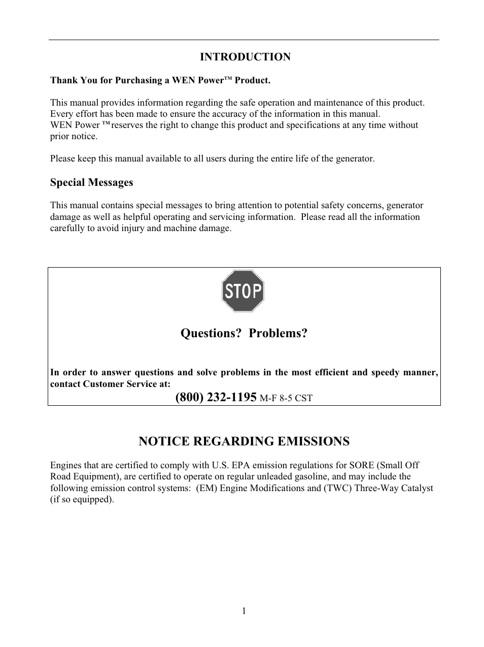 Questions? problems, Notice regarding emissions | WEN 56877 9000 Watt Electric Start User Manual | Page 4 / 40