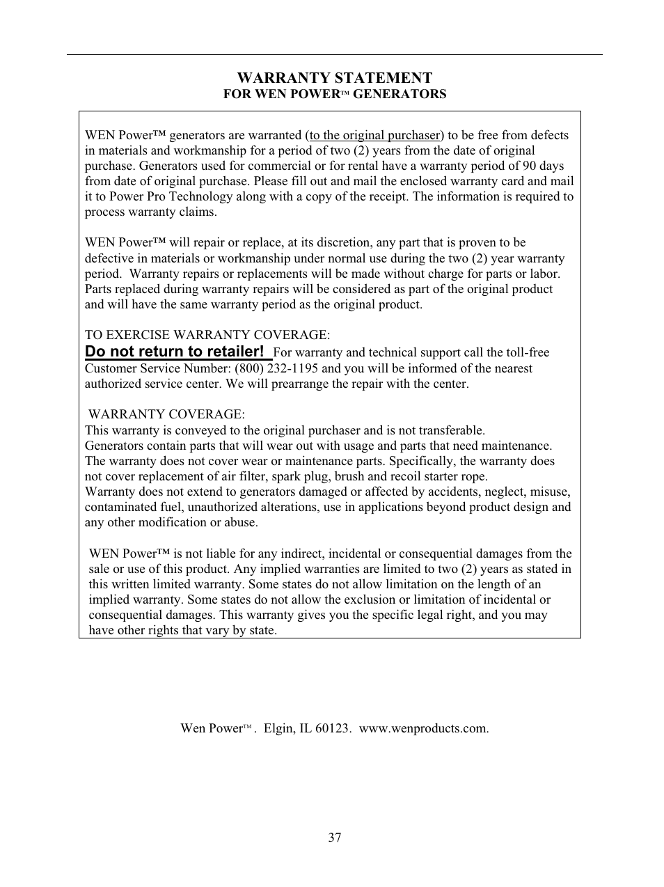 Warranty statement, Do not return to retailer | WEN 56877 9000 Watt Electric Start User Manual | Page 40 / 40