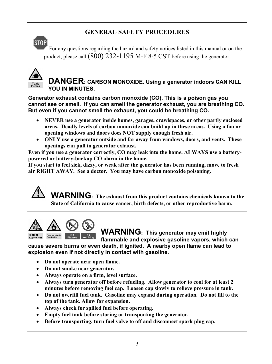 Danger, Warning | WEN 56877 9000 Watt Electric Start User Manual | Page 6 / 40