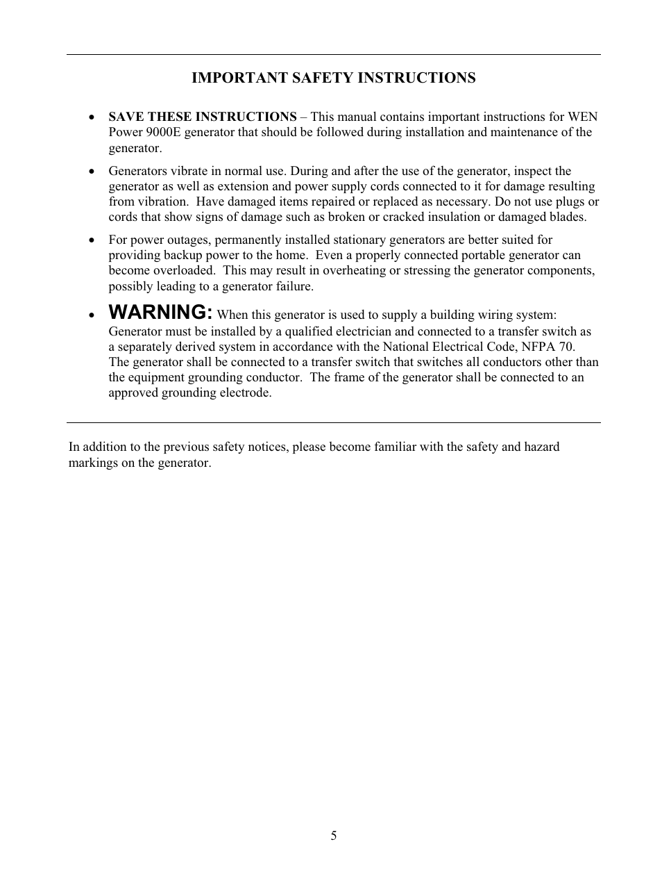 Warning | WEN 56877 9000 Watt Electric Start User Manual | Page 8 / 40