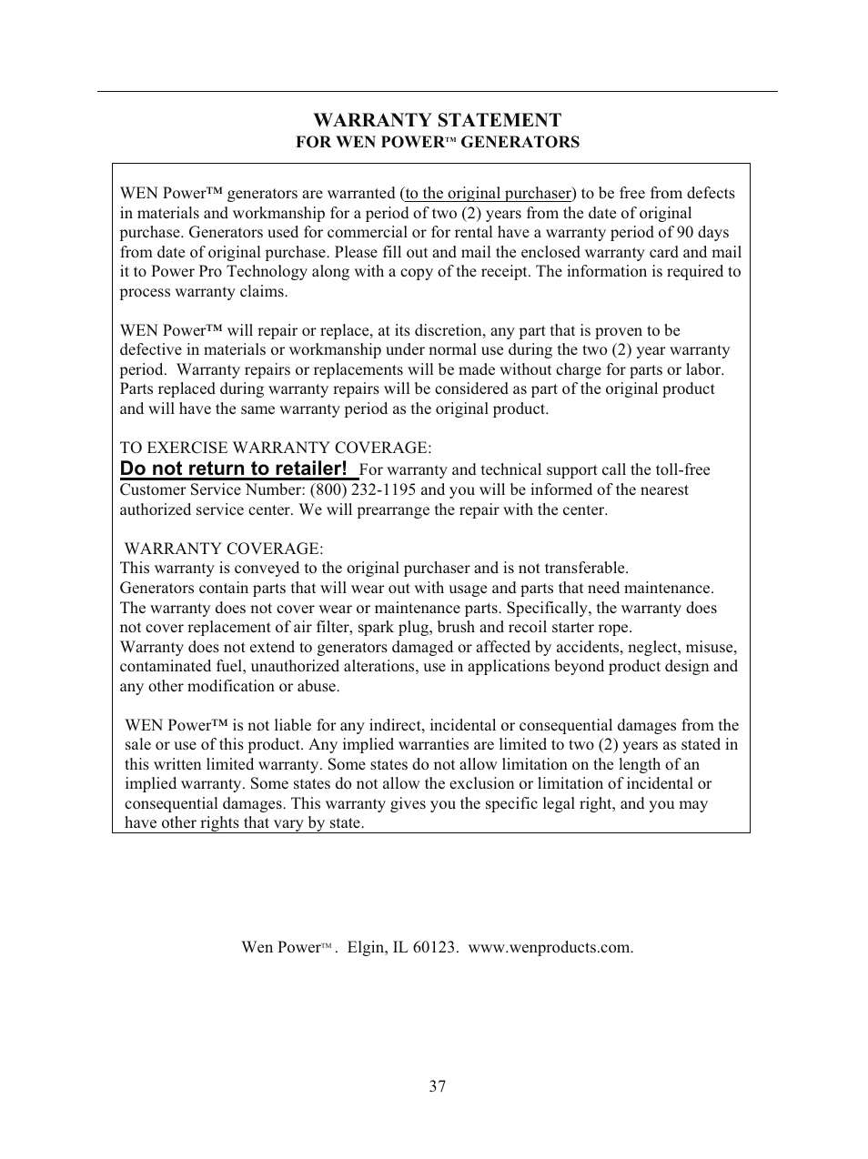 Warranty statement, Do not return to retailer | WEN 56682 7000 Watt Electric Start User Manual | Page 40 / 40