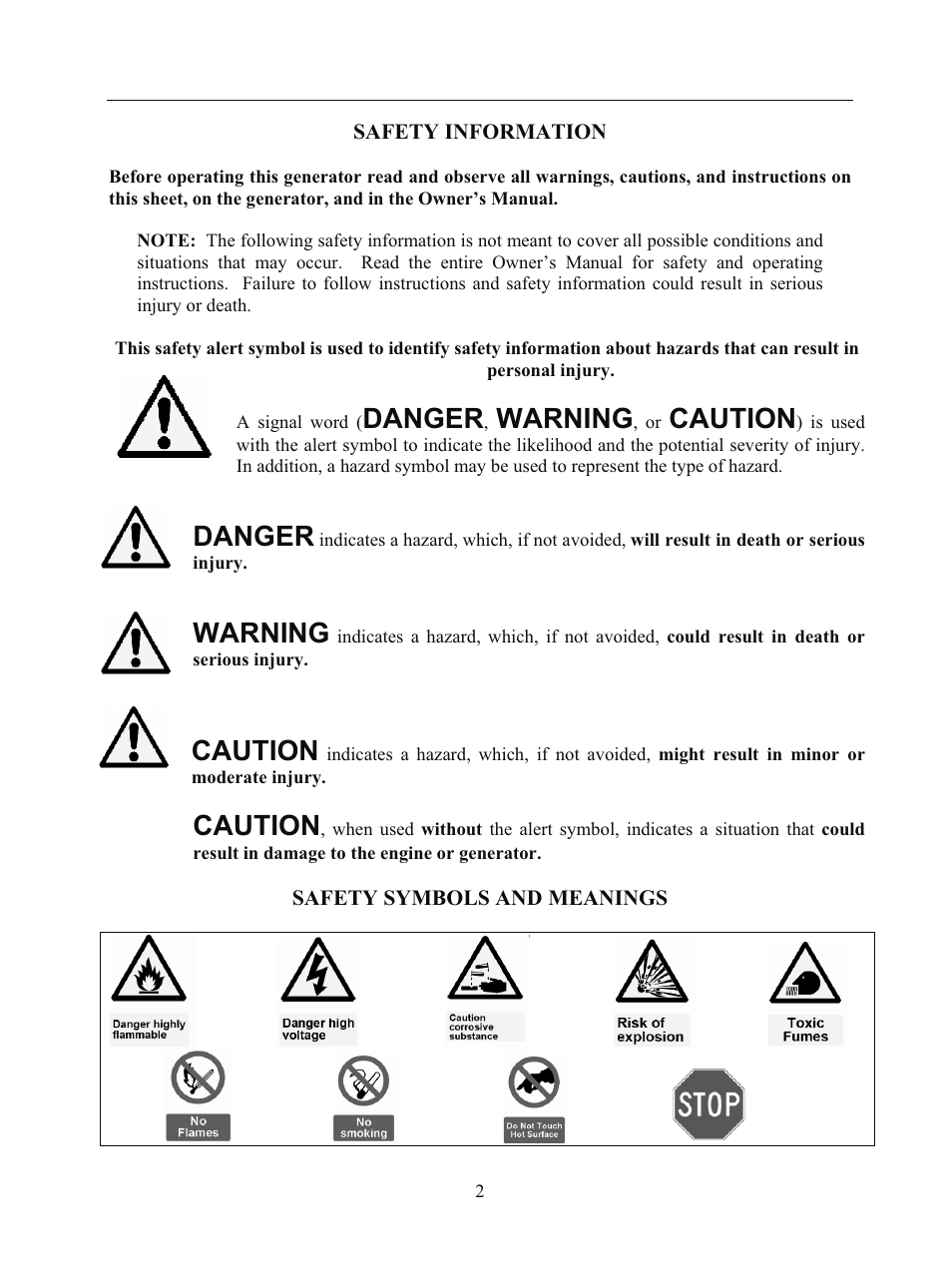 Danger, Warning, Caution | WEN 56682 7000 Watt Electric Start User Manual | Page 5 / 40