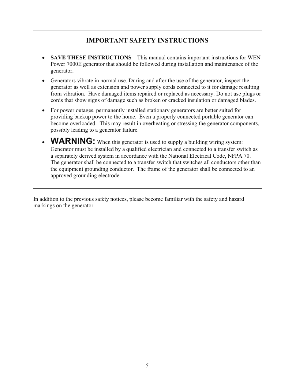 Warning | WEN 56682 7000 Watt Electric Start User Manual | Page 8 / 40