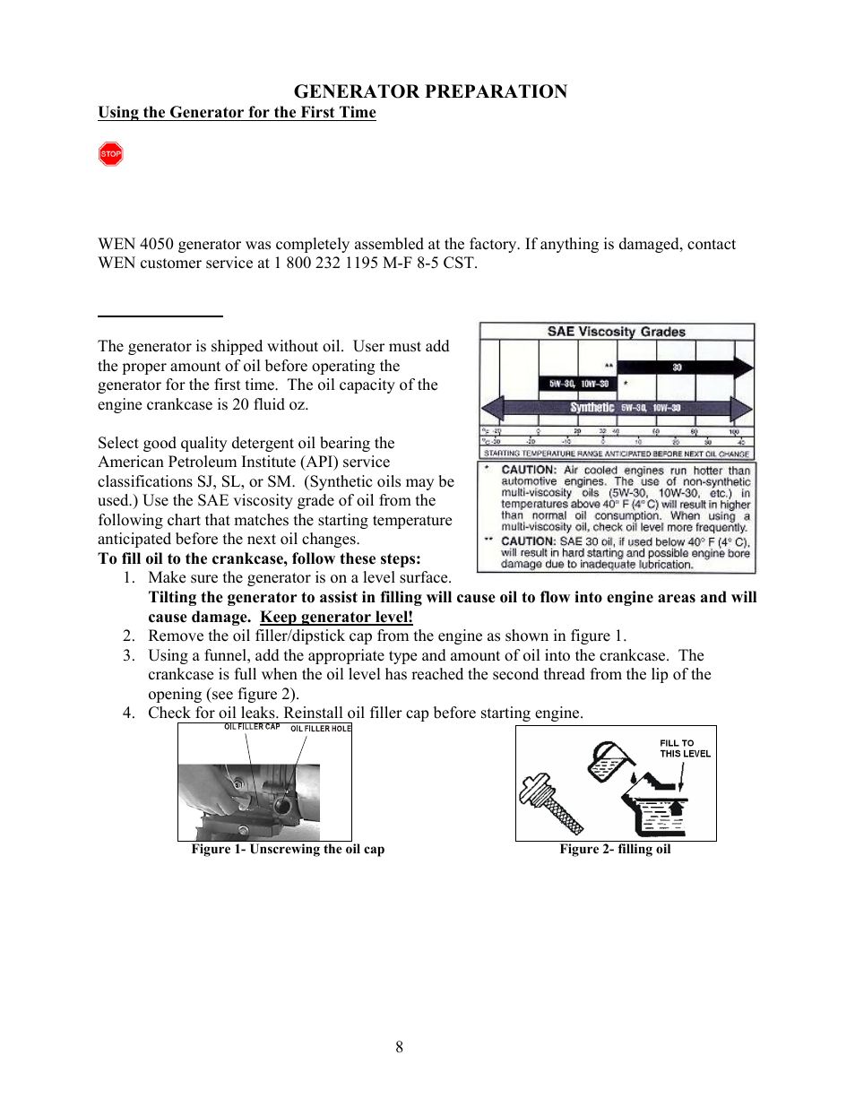 Using the generator for the first time, Step 1 - fill oil | WEN 56400 4050 Watt User Manual | Page 11 / 37