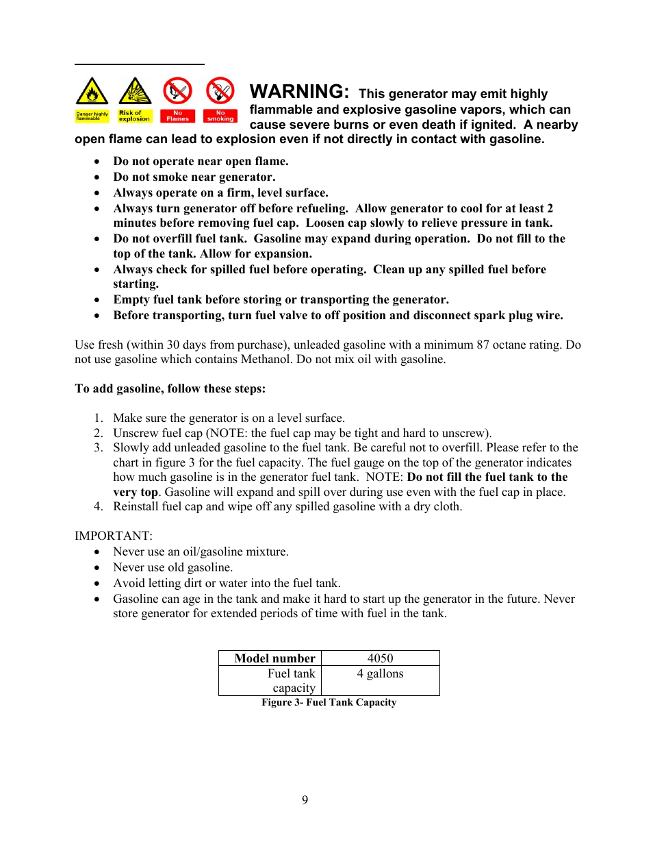 Step 2- add gasoline, Warning | WEN 56400 4050 Watt User Manual | Page 12 / 37