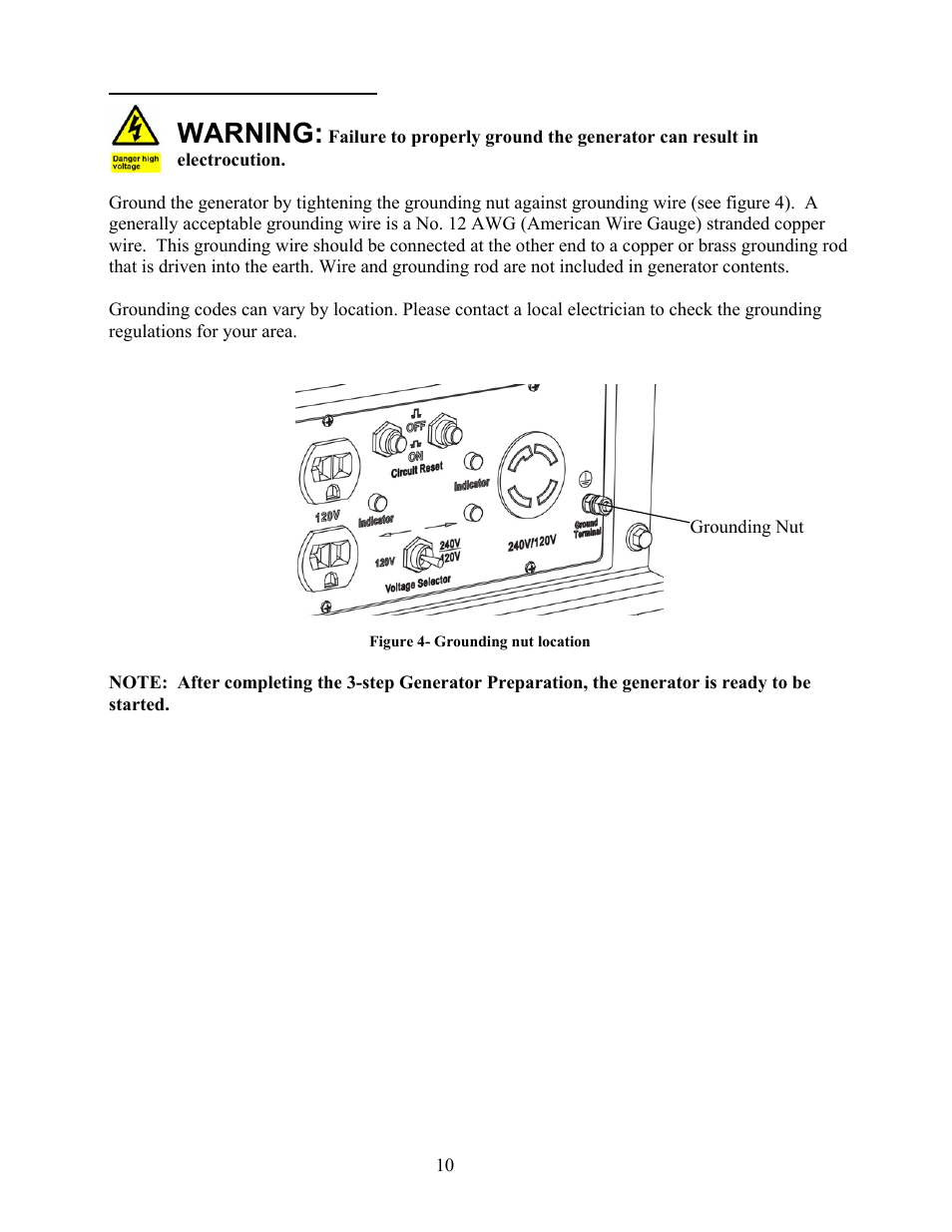 Step 3- ground the generator, Warning | WEN 56400 4050 Watt User Manual | Page 13 / 37