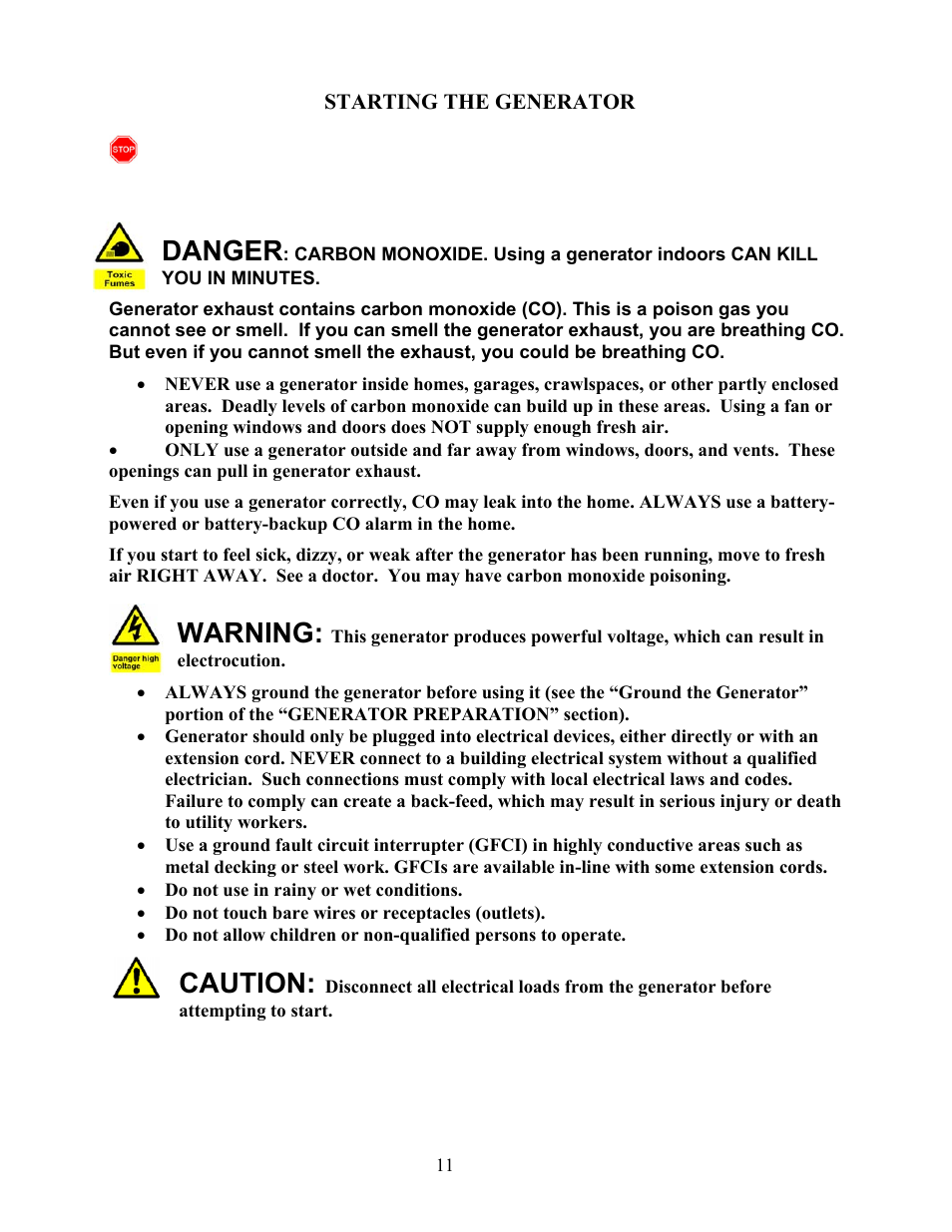 Starting the generator, Danger, Warning | Caution | WEN 56400 4050 Watt User Manual | Page 14 / 37