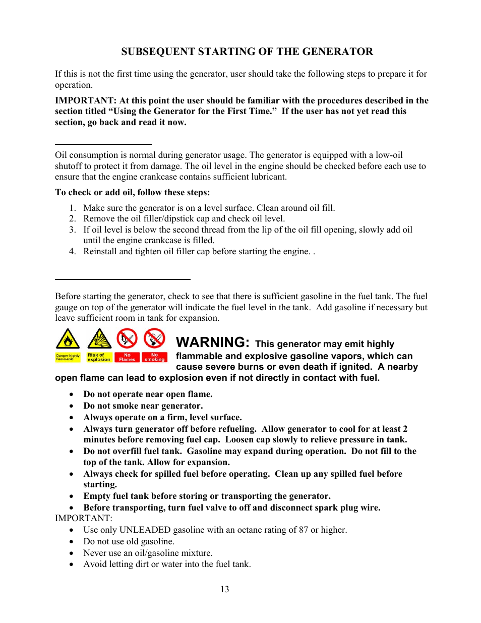 Subsequent starting of the generator, Warning | WEN 56400 4050 Watt User Manual | Page 16 / 37