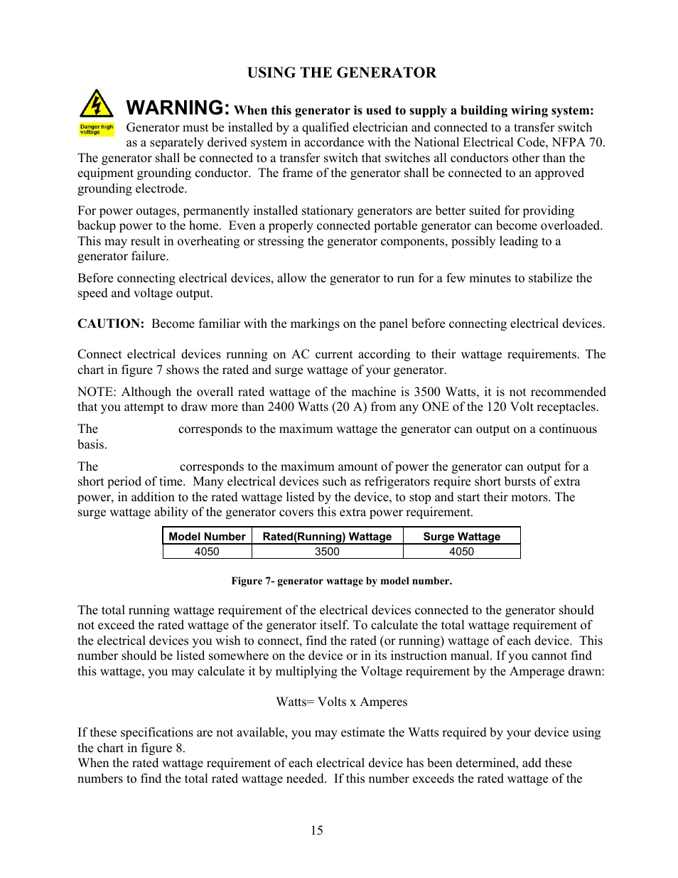 Using the generator, Warning | WEN 56400 4050 Watt User Manual | Page 18 / 37