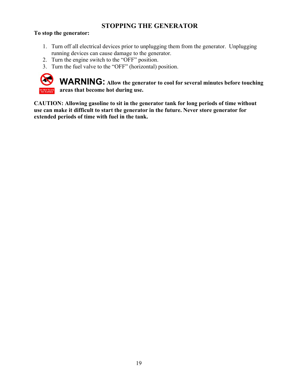 Stopping the generator, Warning | WEN 56400 4050 Watt User Manual | Page 22 / 37