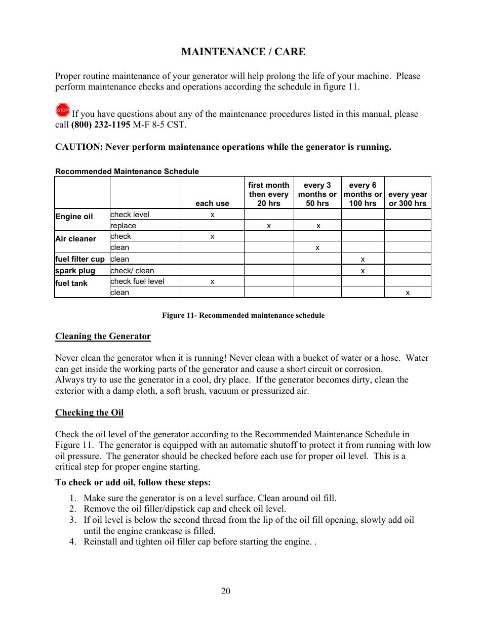 Maintenance / care, Cleaning the generator checking the oil | WEN 56400 4050 Watt User Manual | Page 23 / 37