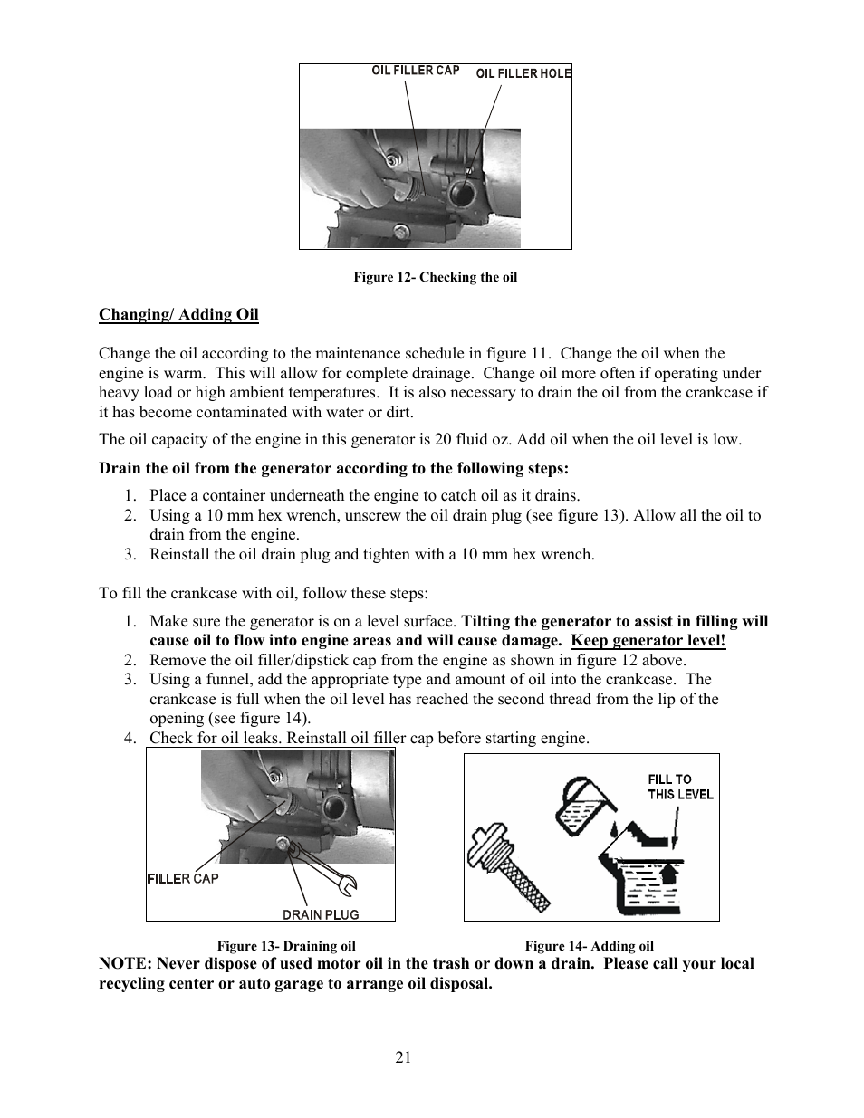 Changing/ adding oil | WEN 56400 4050 Watt User Manual | Page 24 / 37