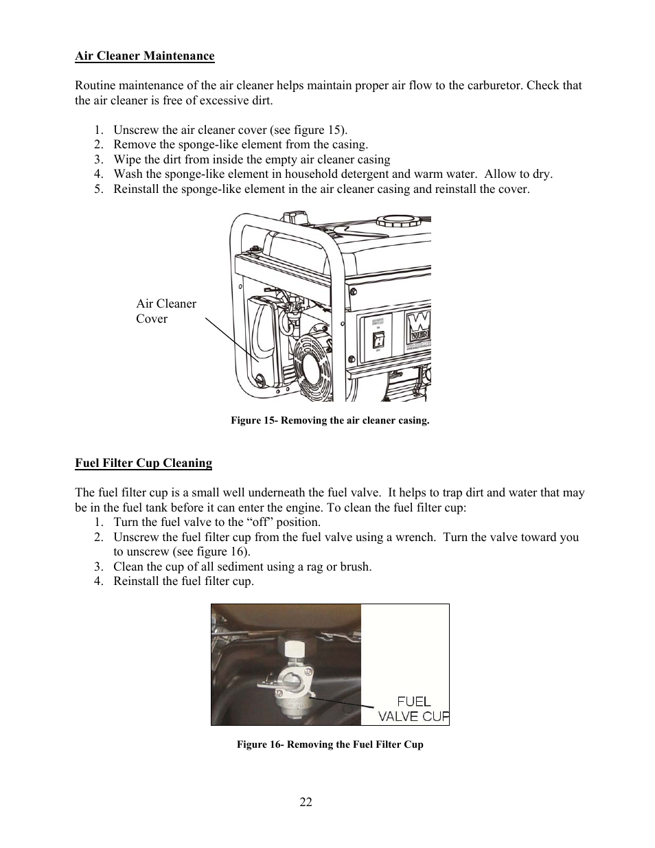 Air cleaner maintenance fuel filter cup cleaning | WEN 56400 4050 Watt User Manual | Page 25 / 37