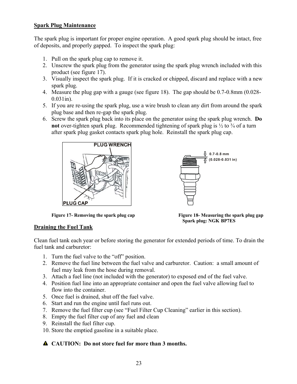 Spark plug maintenance draining the fuel tank | WEN 56400 4050 Watt User Manual | Page 26 / 37