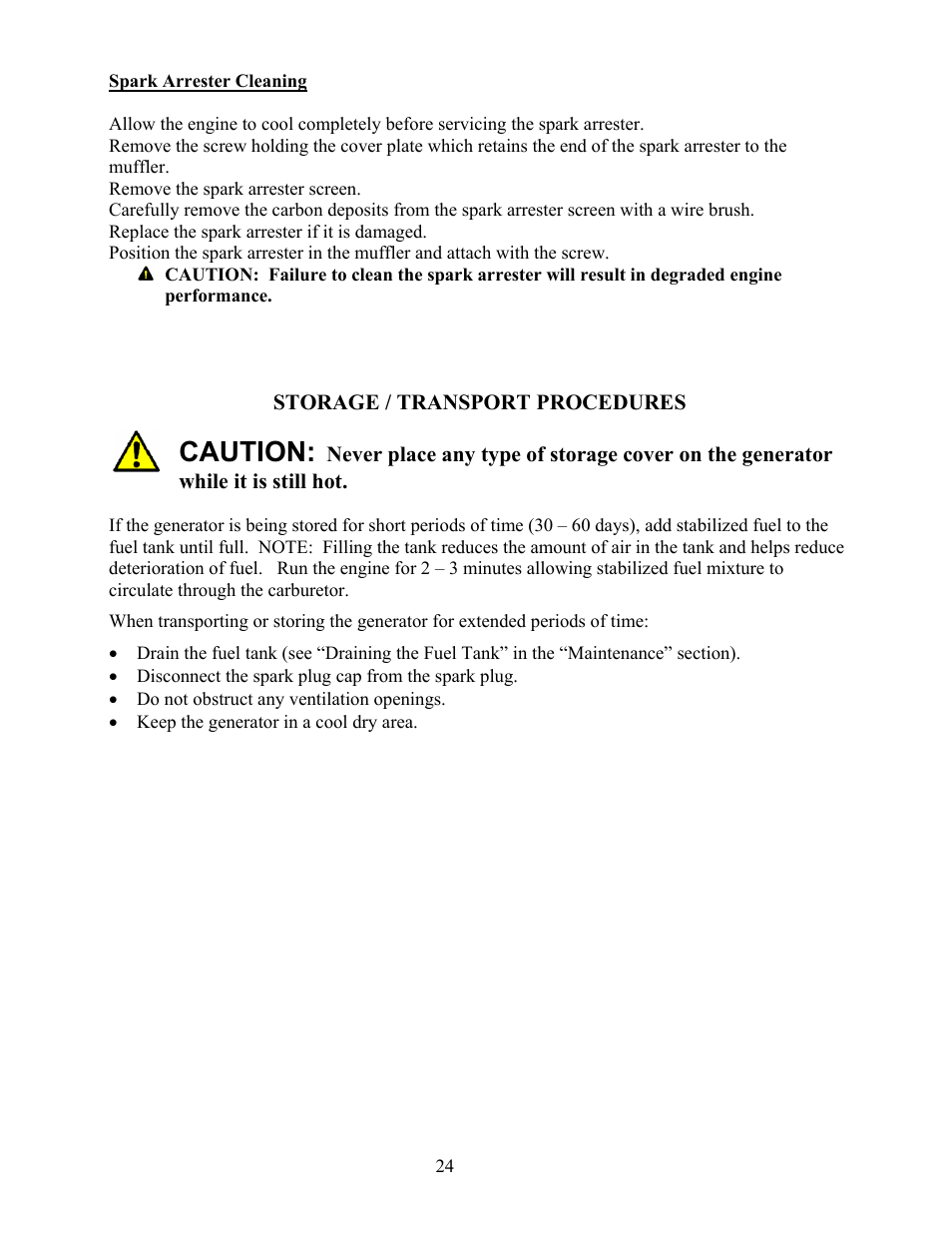 Storage / transport procedures, Caution | WEN 56400 4050 Watt User Manual | Page 27 / 37