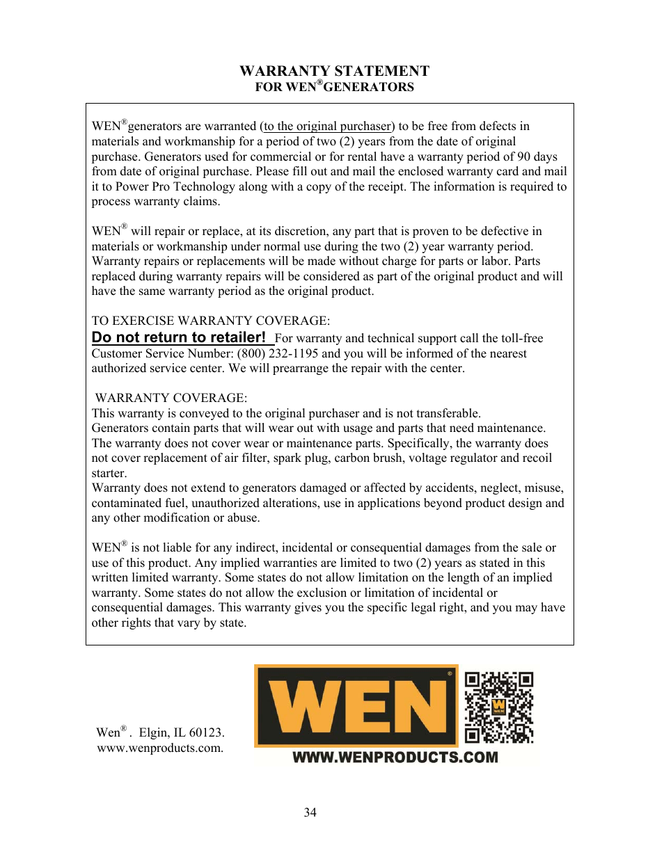 For wen®generators, Warranty statement, Do not return to retailer | WEN 56400 4050 Watt User Manual | Page 37 / 37