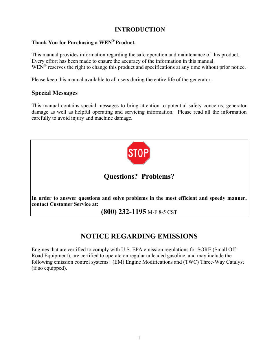 Introduction, Questions? problems, Notice regarding emissions | WEN 56400 4050 Watt User Manual | Page 4 / 37