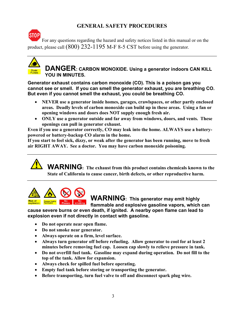 General safety procedures, Danger, Warning | WEN 56400 4050 Watt User Manual | Page 6 / 37