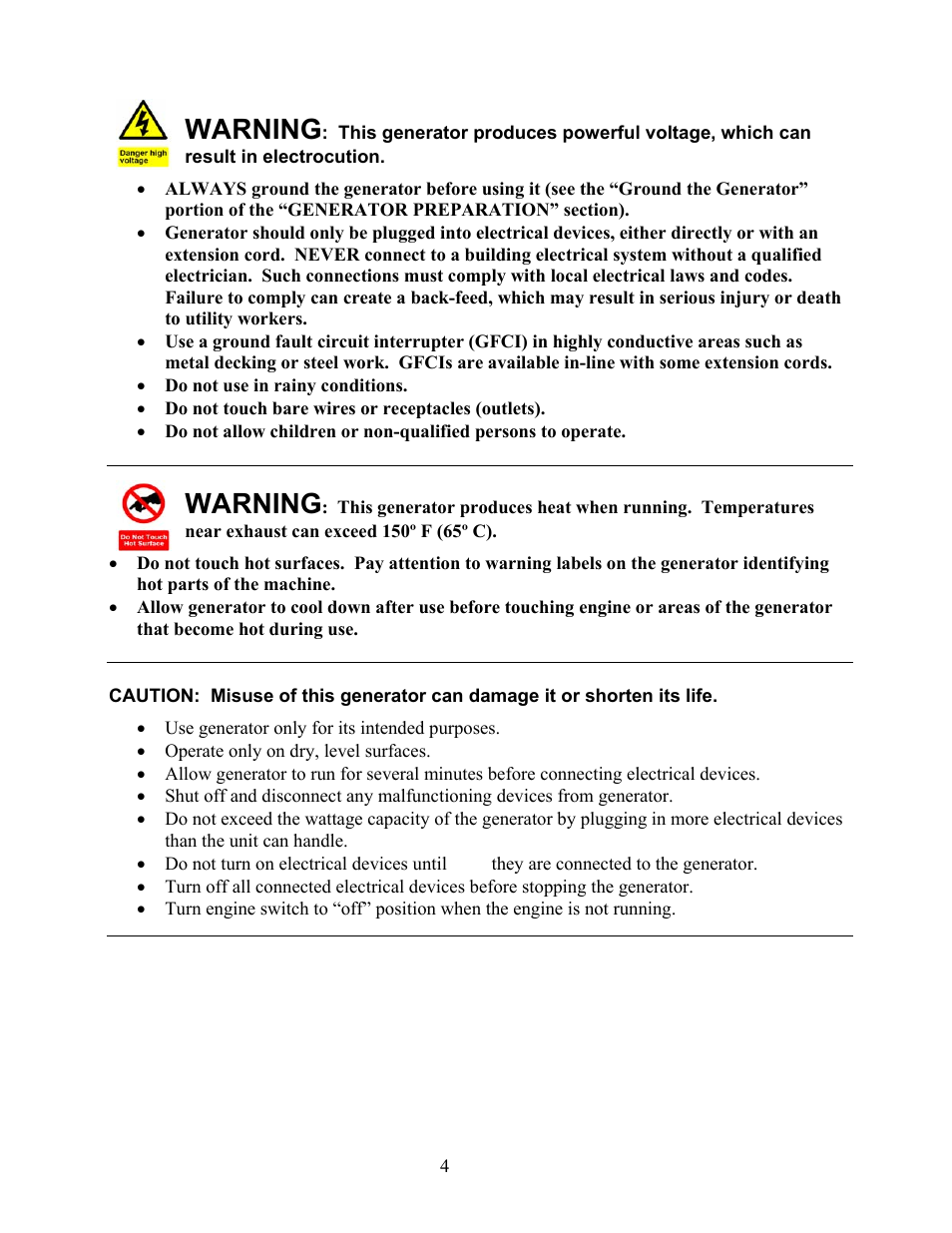 Warning | WEN 56400 4050 Watt User Manual | Page 7 / 37