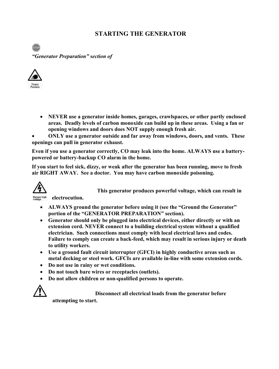 Starting the generator, Danger, Warning | Caution | WEN 56352 3500 Watt manual User Manual | Page 20 / 40