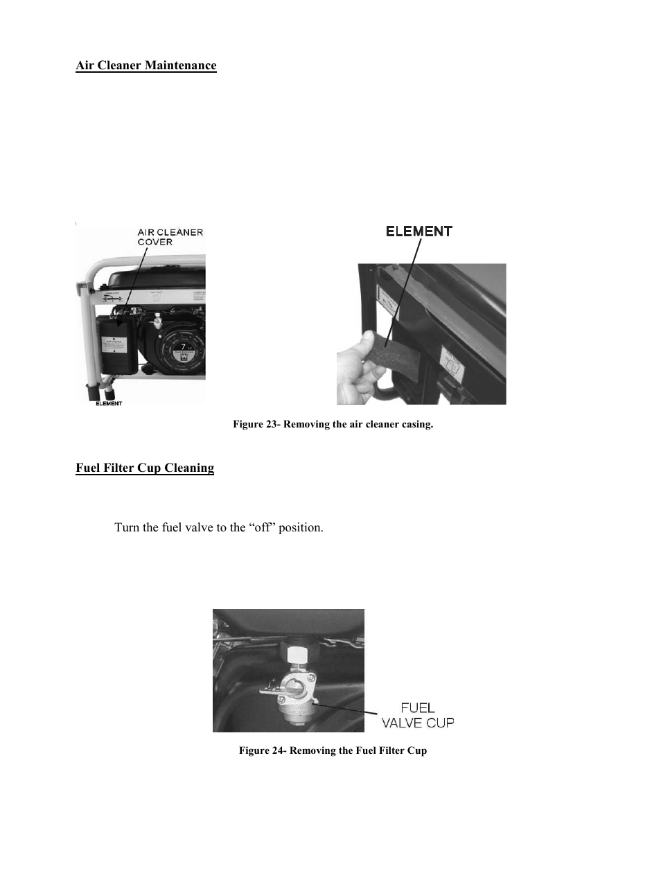 Air cleaner maintenance fuel filter cup cleaning | WEN 56352 3500 Watt manual User Manual | Page 29 / 40