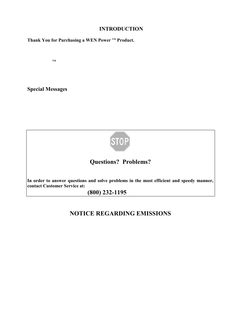 Introduction, Questions? problems, Notice regarding emissions | WEN 56352 3500 Watt manual User Manual | Page 5 / 40