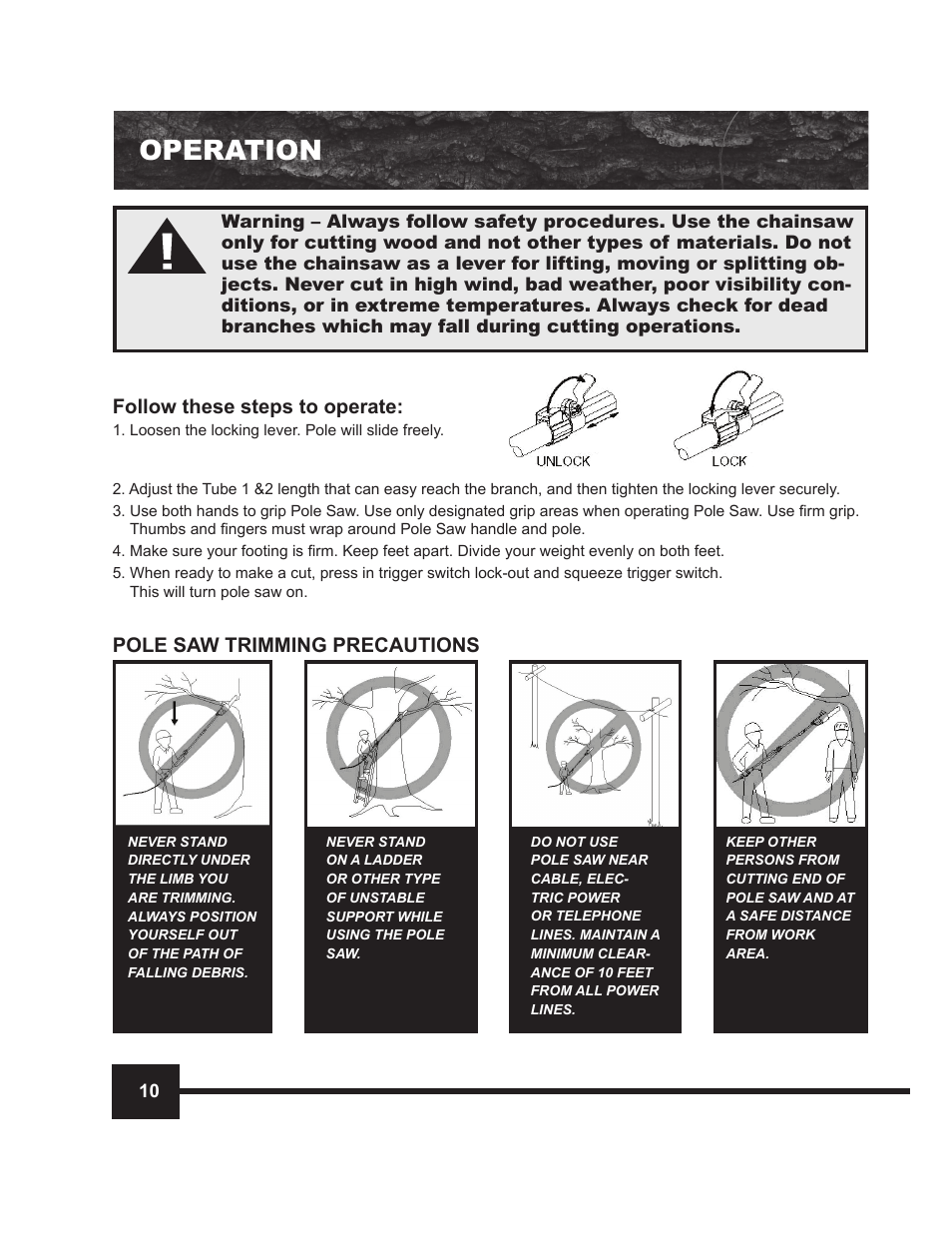 Operation, Follow these steps to operate, Pole saw trimming precautions | WEN 4018 9 Feet Electric Pole Saw User Manual | Page 10 / 16