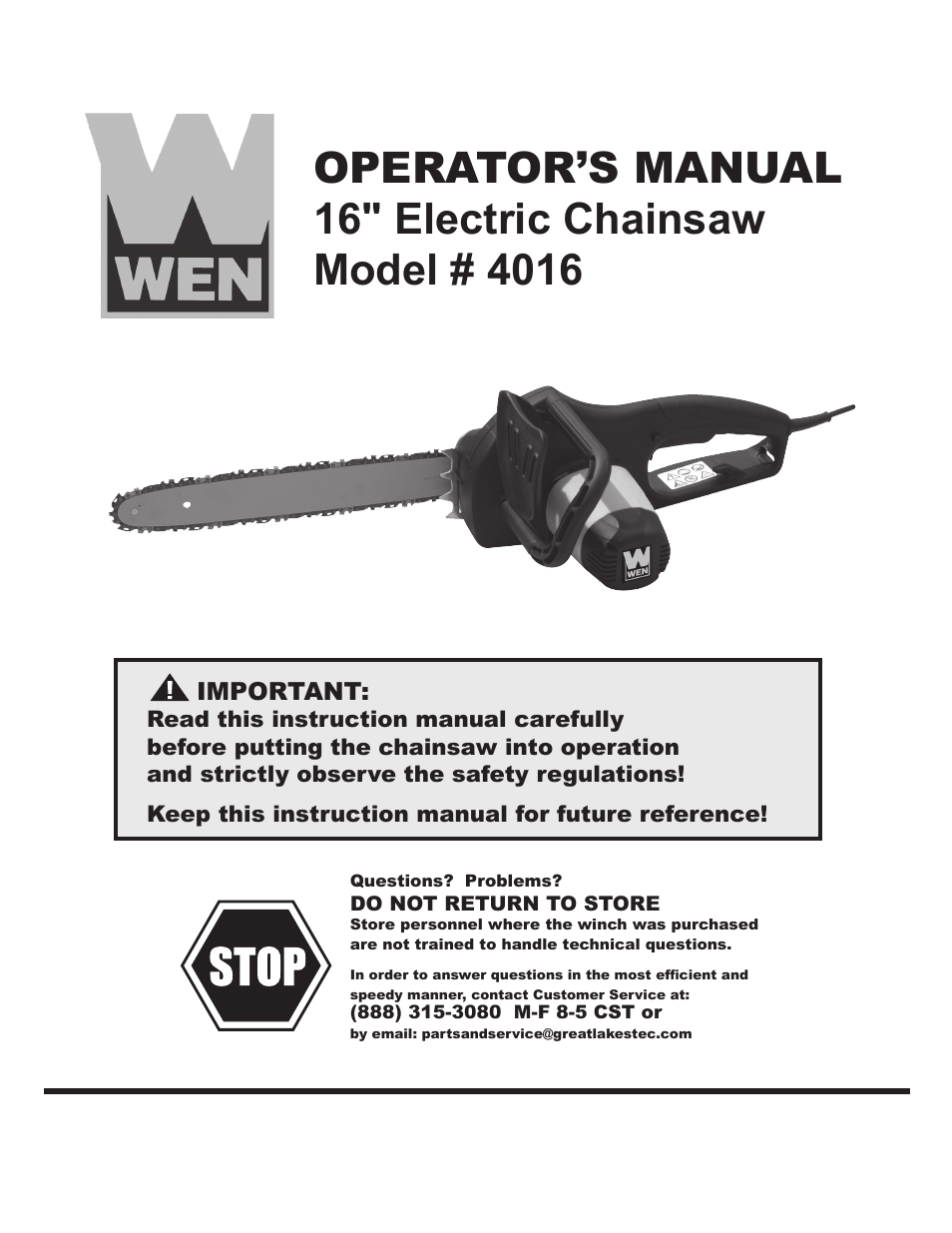 WEN 4016 16 Electric Chainsaw User Manual | 18 pages