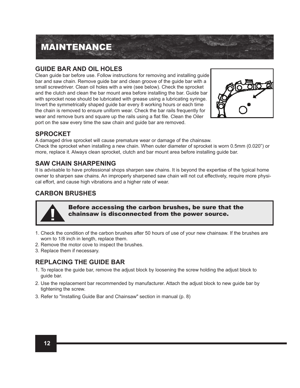 Maintenance, Guide bar and oil holes, Sprocket | Saw chain sharpening, Carbon brushes, Replacing the guide bar | WEN 4016 16 Electric Chainsaw User Manual | Page 12 / 18