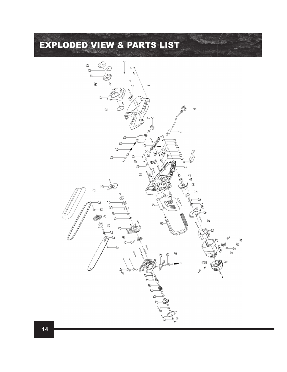 Exploded view & parts list | WEN 4016 16 Electric Chainsaw User Manual | Page 14 / 18