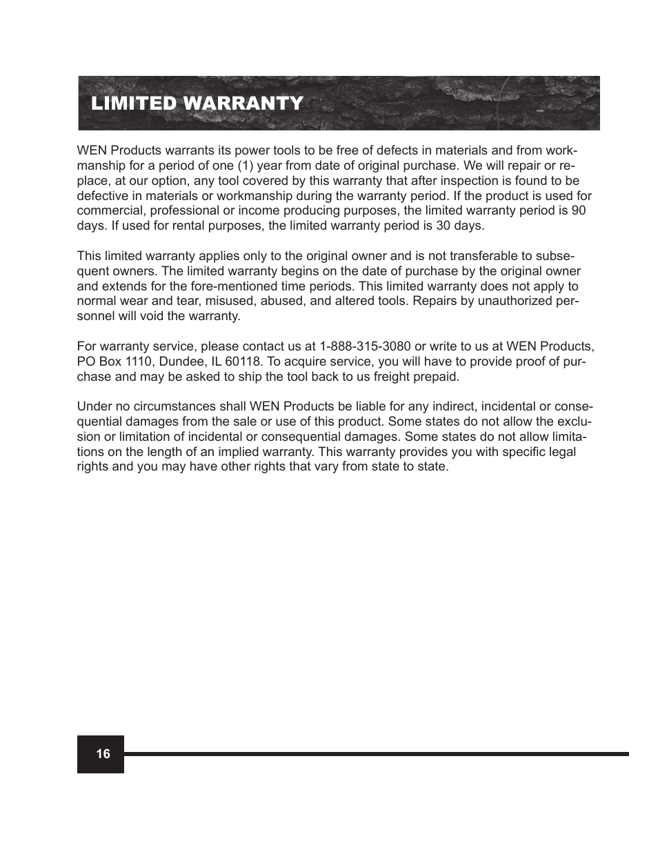 Limited warranty | WEN 4016 16 Electric Chainsaw User Manual | Page 16 / 18