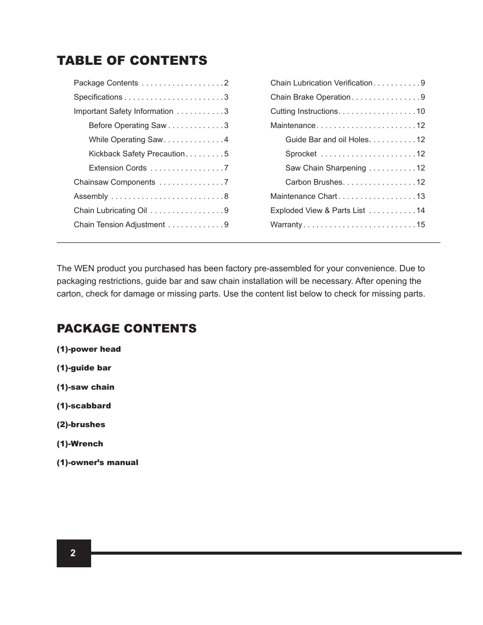 WEN 4016 16 Electric Chainsaw User Manual | Page 2 / 18