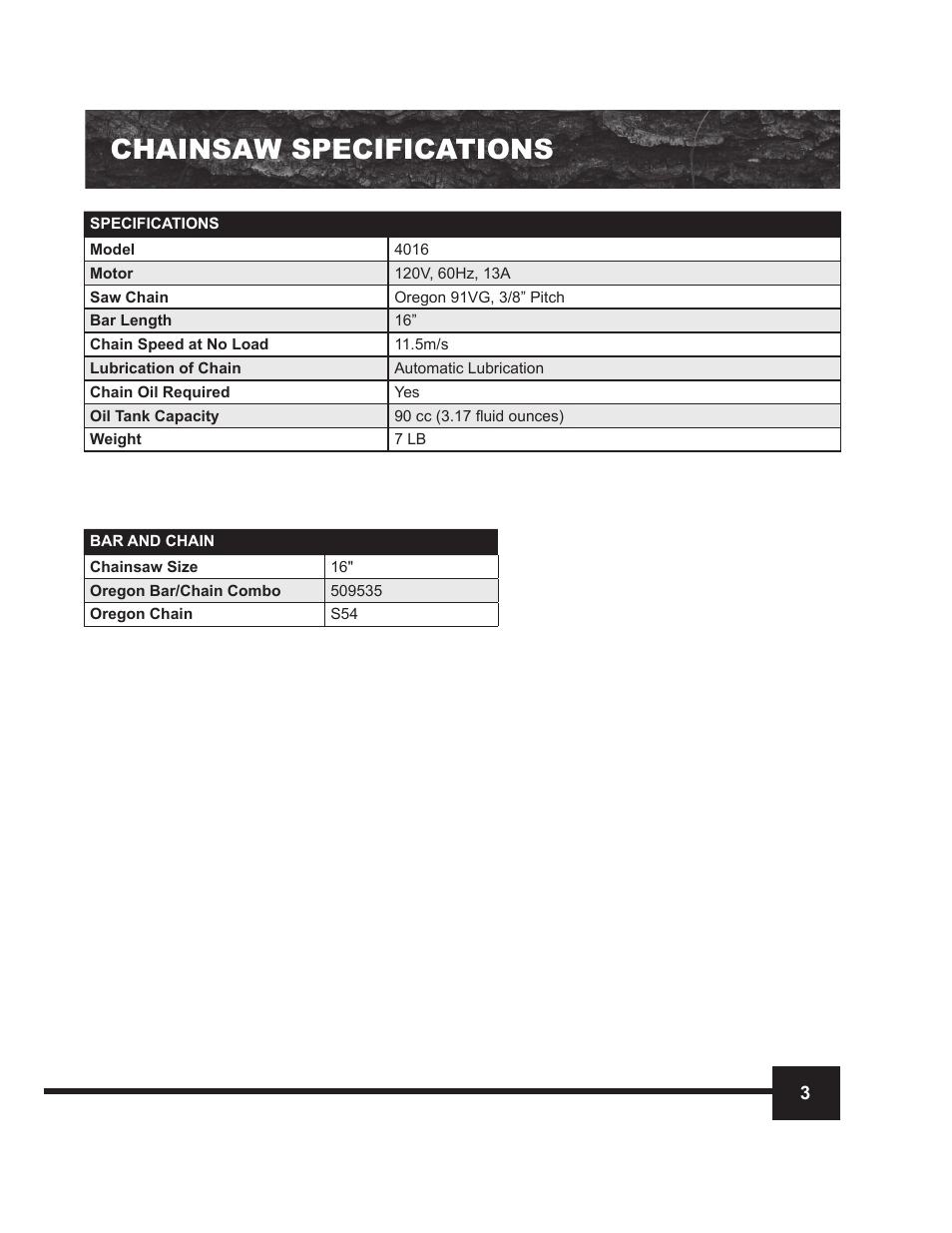 Chainsaw specifications | WEN 4016 16 Electric Chainsaw User Manual | Page 3 / 18