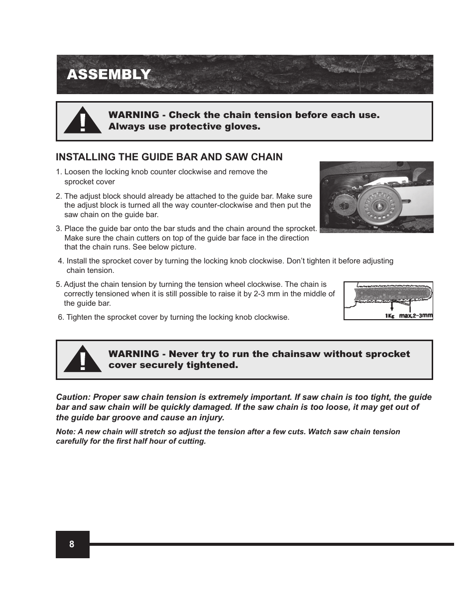 Assembly, Installing the guide bar and saw chain | WEN 4016 16 Electric Chainsaw User Manual | Page 8 / 18