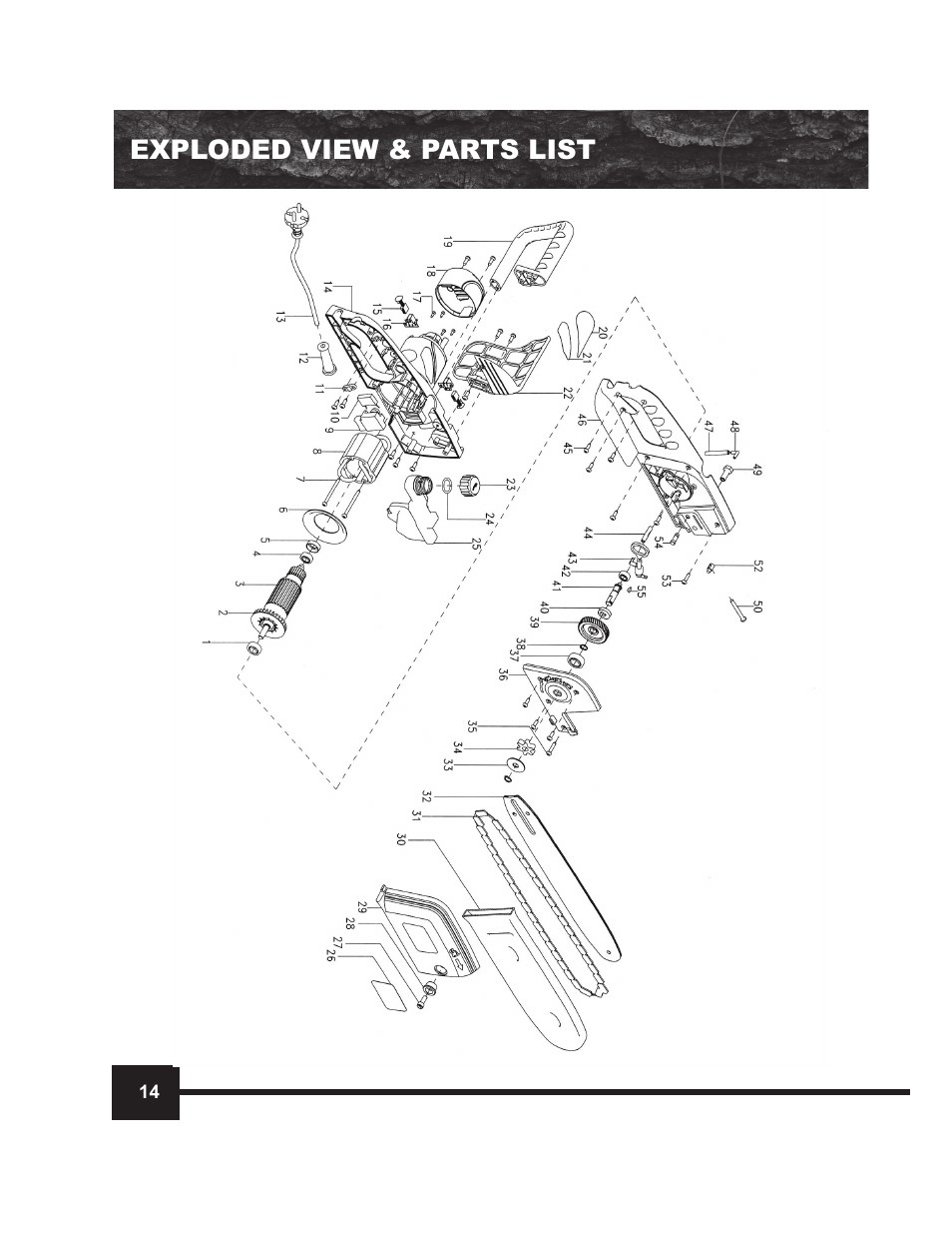 Exploded view & parts list | WEN 4014 14 Electric Chainsaw User Manual | Page 14 / 18