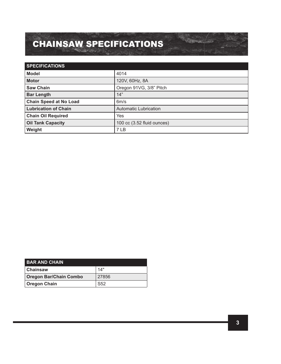 Chainsaw specifications | WEN 4014 14 Electric Chainsaw User Manual | Page 3 / 18
