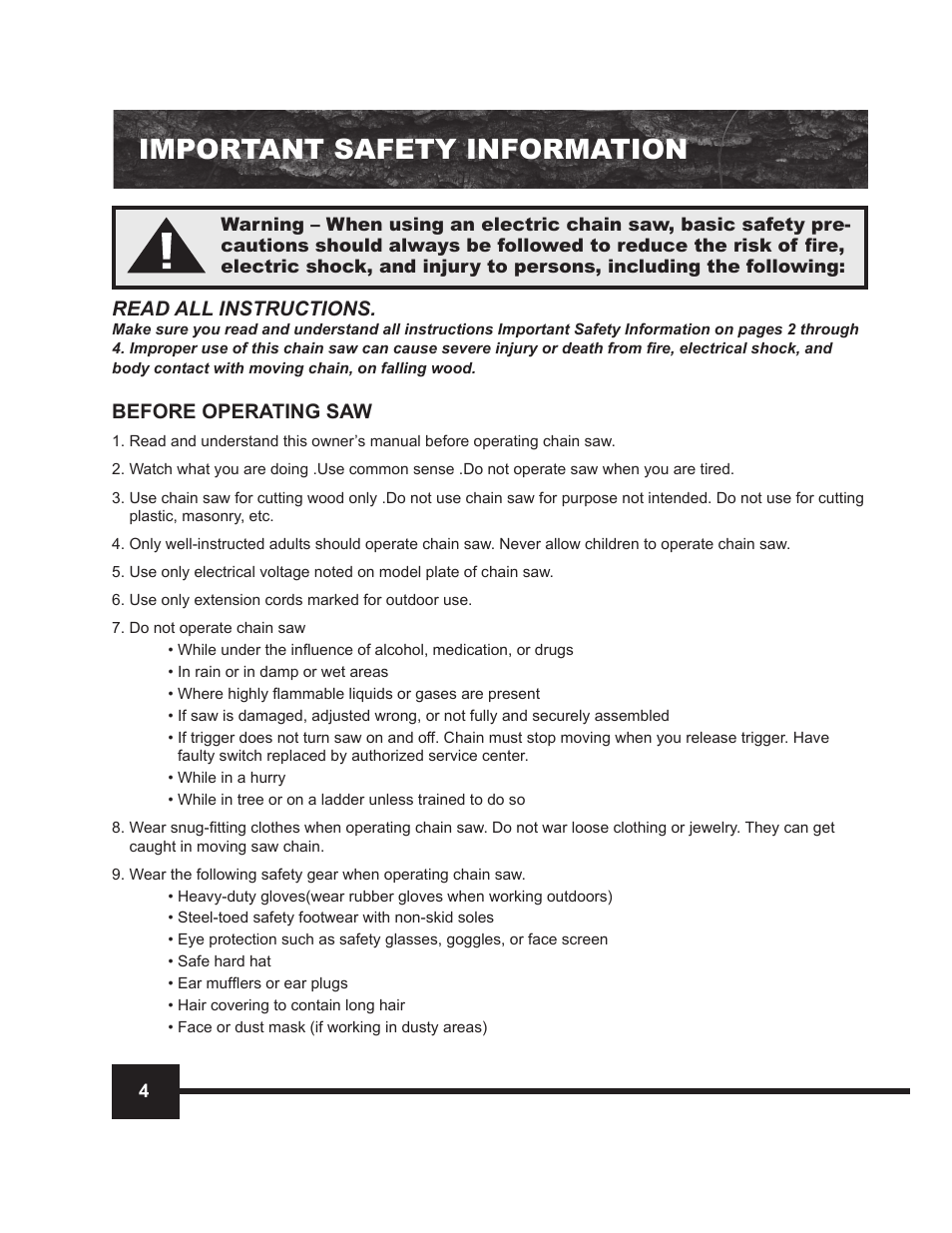 Important safety information, Read all instructions, Before operating saw | WEN 4014 14 Electric Chainsaw User Manual | Page 4 / 18