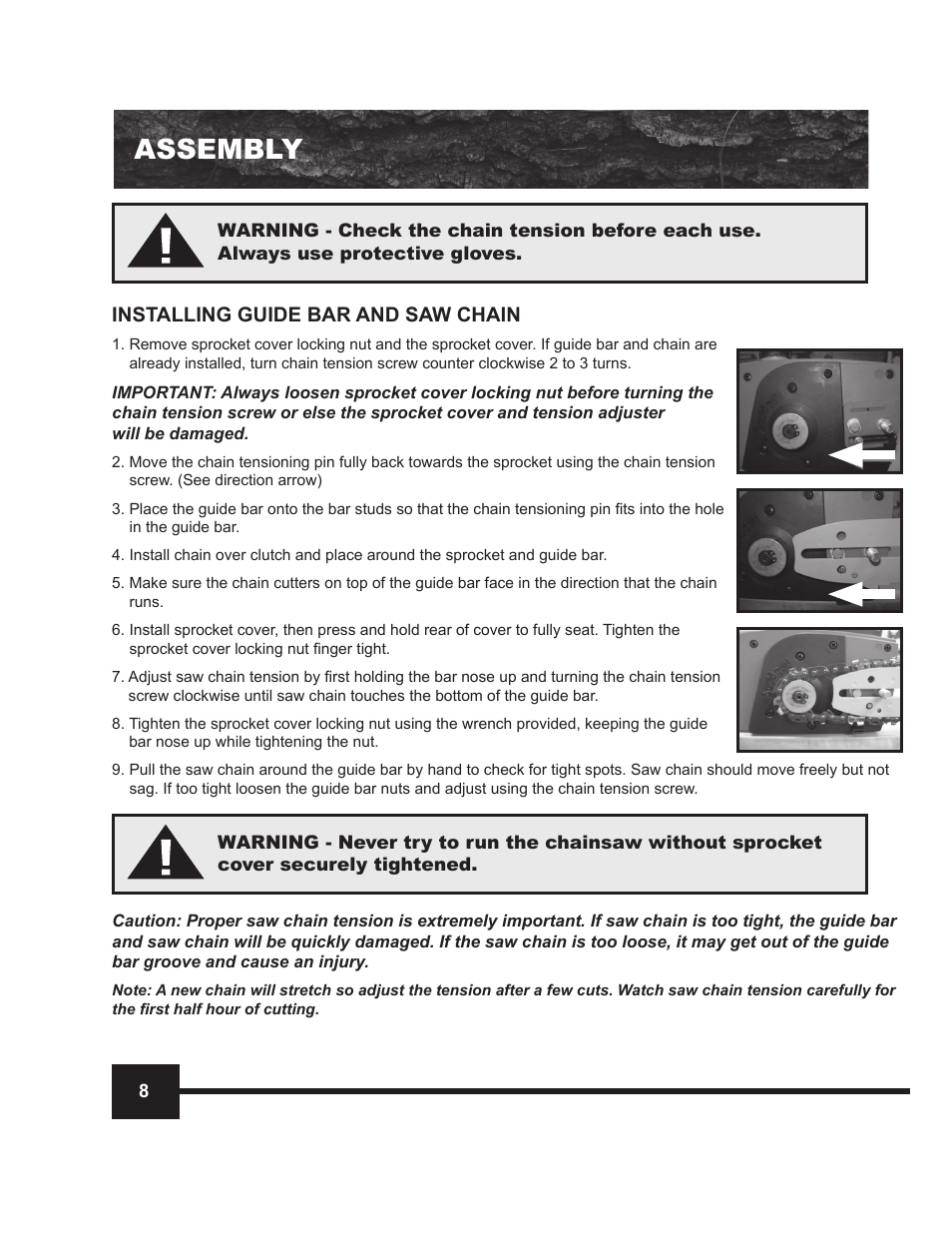 Assembly, Installing guide bar and saw chain | WEN 4014 14 Electric Chainsaw User Manual | Page 8 / 18