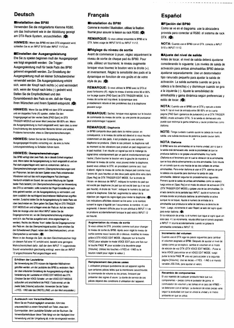 Deutsch, Français, Español | Yamaha BP80 User Manual | Page 3 / 4