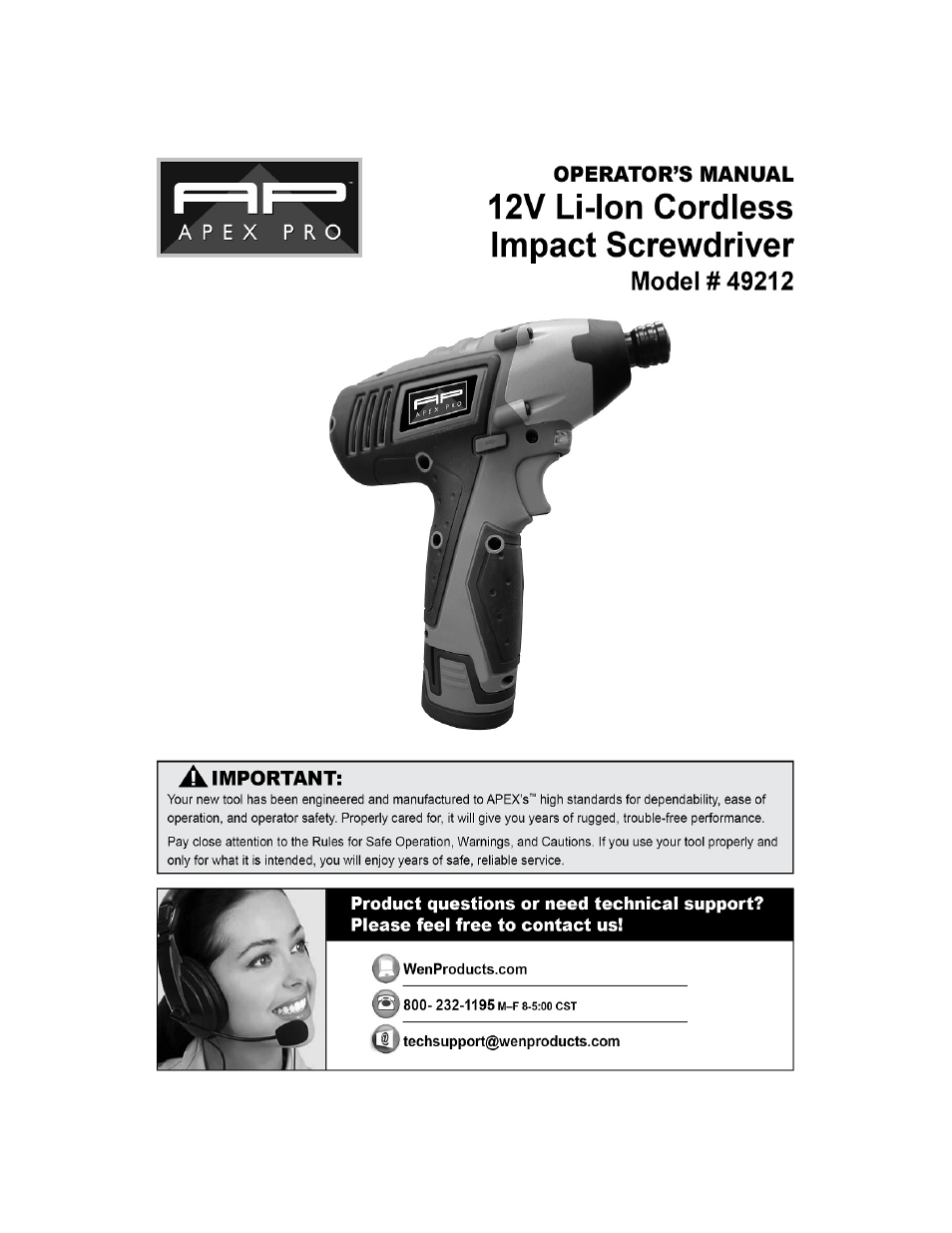 WEN 49212 Apex Pro 12V Lithium Ion Cordless Impact Screwdriver User Manual | 10 pages